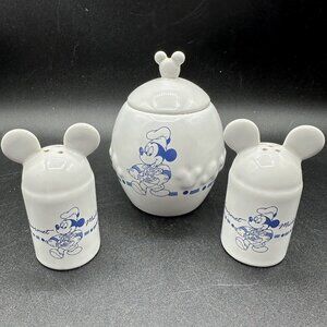 Disney Gourmet Mickey Mouse Sugar Bowl & Salt Pepper Shakers Blue White Vintage